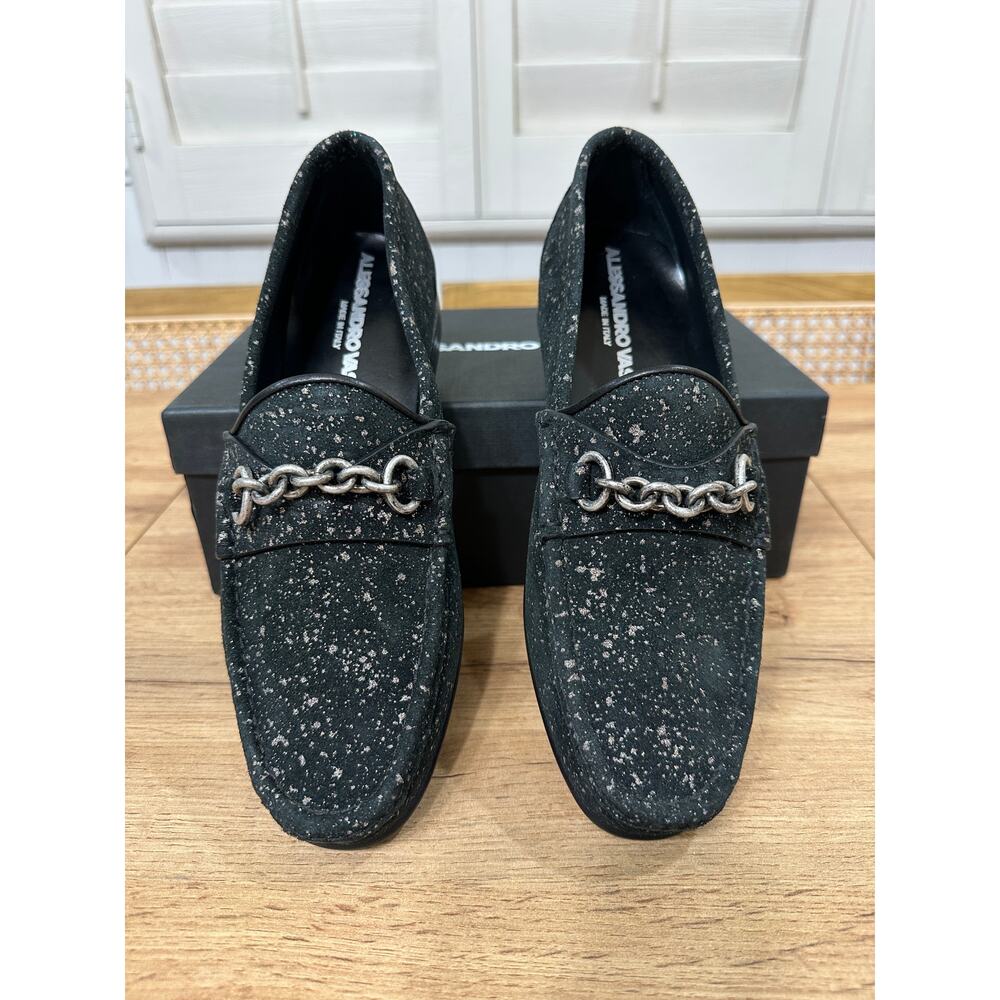 Alessandro Vasini Portofino Loafers Black Silver Calfskin Size US 38 NIB Luxury